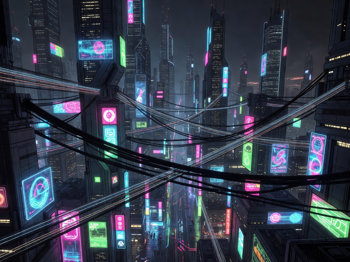 Stylised anime-inspired skyline of luminous towers and cables