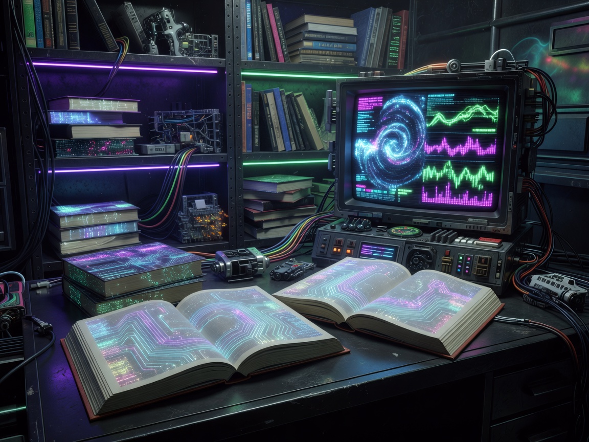 Open science fiction books beside a glowing terminal