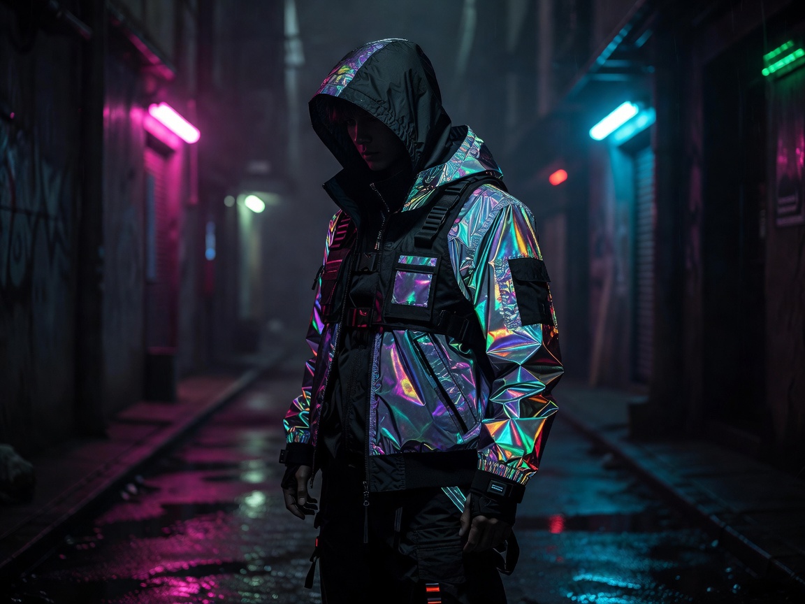 Layered technical clothing, reflective fabric and coloured light