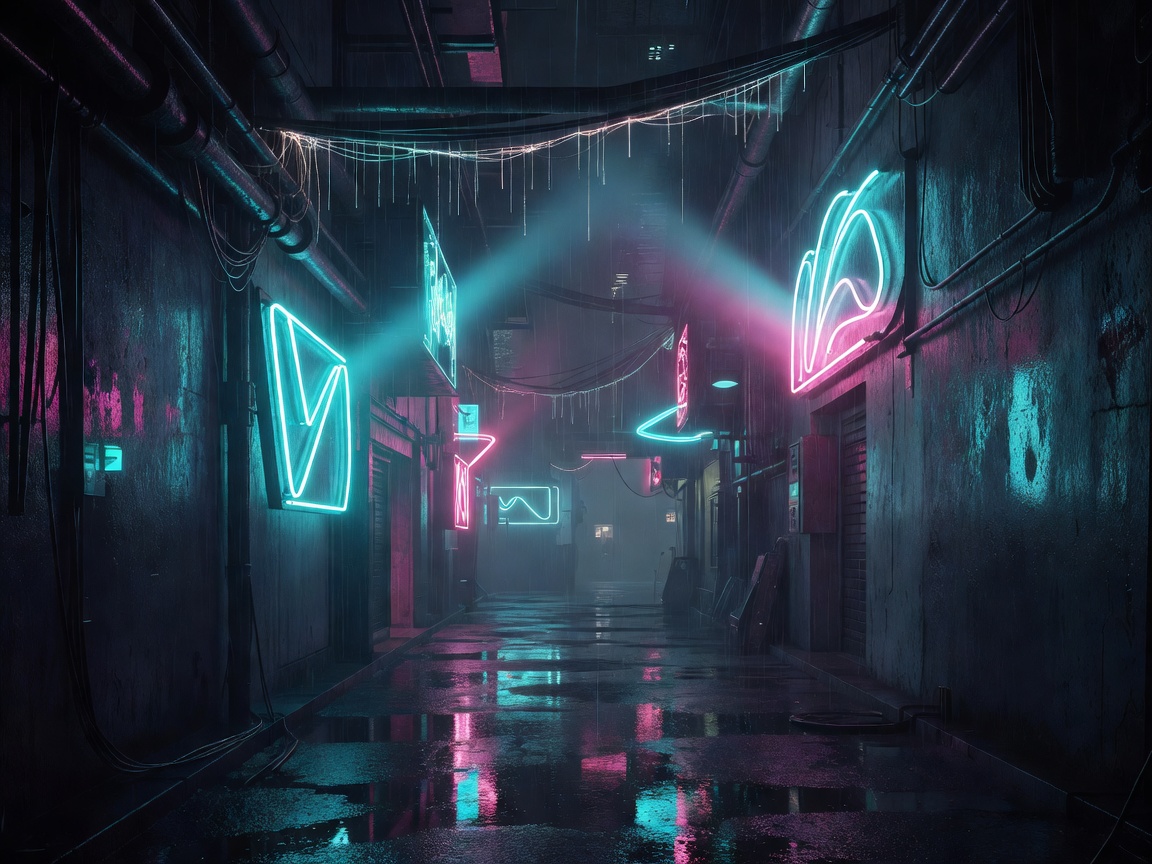 Rainy cinematic alley with bright holographic advertising