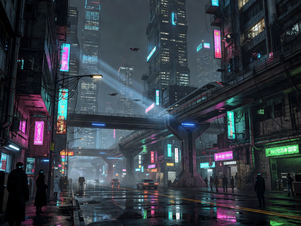 Neon-lit futuristic city street with elevated transit and dense buildings