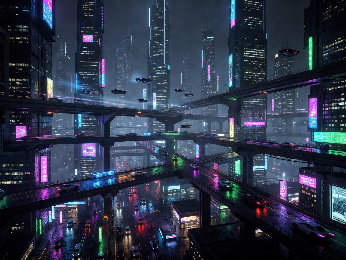 Futuristic game city made of towers, signs and industrial platforms